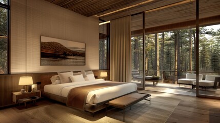 Bedroom interior is in the style of a modern luxury hotel resort, with soft bed linen and large glass windows.