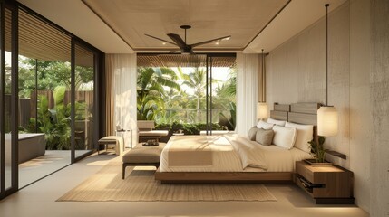 Bedroom interior is in the style of a modern luxury hotel resort, with soft bed linen and large glass windows.