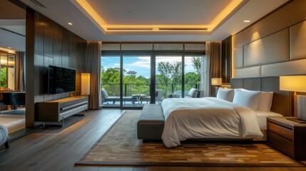 Bedroom interior is in the style of a modern luxury hotel resort, with soft bed linen and large glass windows.