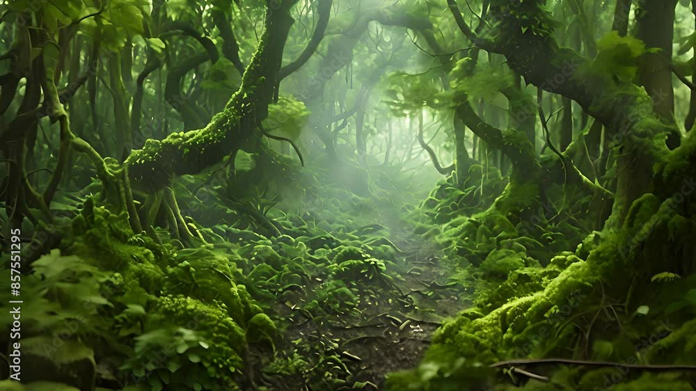 Poster a tranquil forest path lined with lush greenery and sunlight filtering through the dense canopy