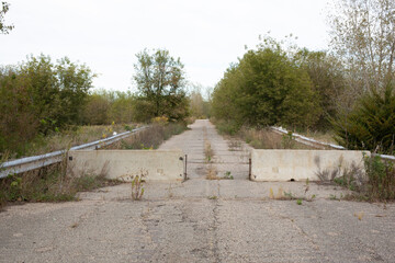 Old Abandoned Road Concrete Barrier Road Blocked Closed Cracked Overgrown Infastructure Railings