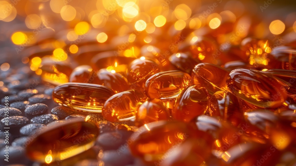 Poster this image features golden gel capsules artfully arranged on a shimmering surface, creating a striki