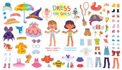 Help the girls get dressed. Child is going for a winter walk or ballet school. Kids game. Set of various clothes for a paper doll. Attention task. Funny cartoon character. Puzzle Hidden Items