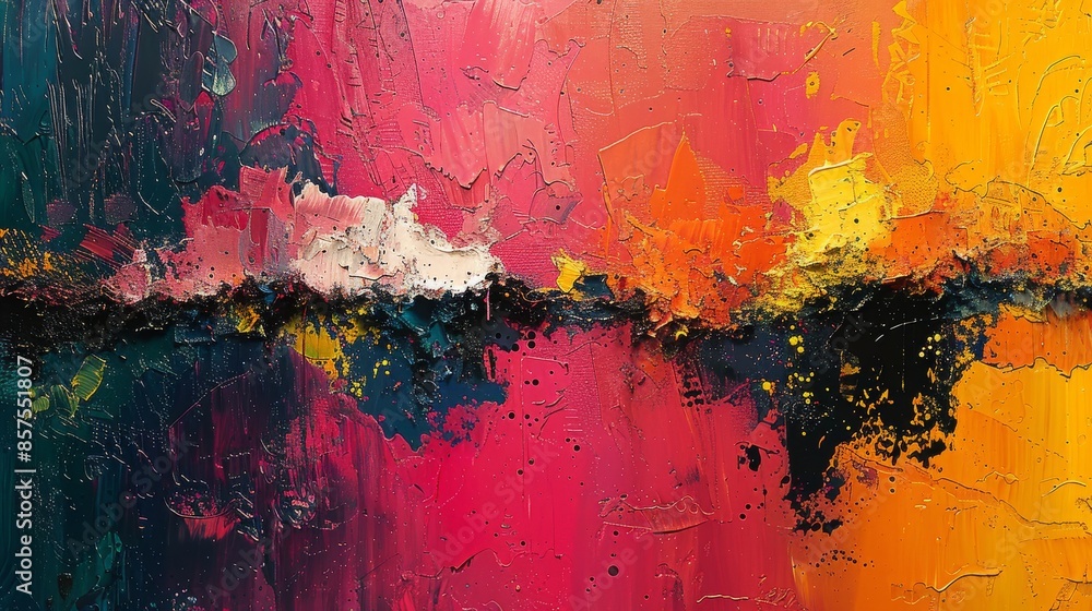 Poster this abstract image depicts a horizontal colorful canvas with rough textures and a blend of vibrant 