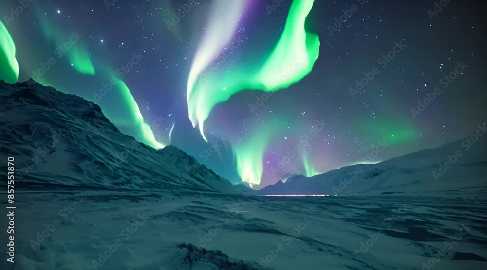 Sticker a green and purple aurora bore above a snow covered mountain