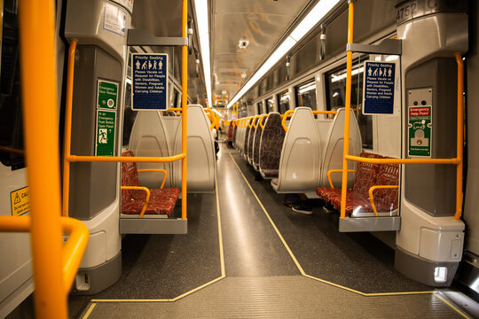 view inside a train carriage at night in Brisbane