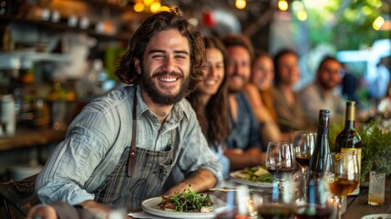 A cheerful chef with a beard, wearing an apron, smiling surrounded by a group of friends enjoying a delightful dinner, creating a warm and convivial atmosphere.