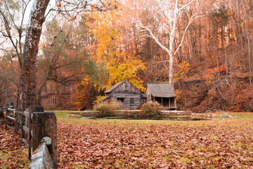 Beautiful autumn scene at Cuttalossa barn mill in Bucks County Pennsylvania with colorful fall foliage.  © littleny