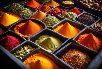 Fototapeta premium vibrant spices sizzling close cast iron skillet, aromatic, seasoning, flavors, ingredients, colorful, fragrant, paprika, cumin, pepper, chili, turmeric