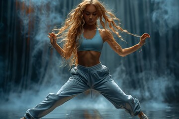 Obraz premium Young Woman in Blue Sportswear Performing a Dynamic Pose With Smoky Background