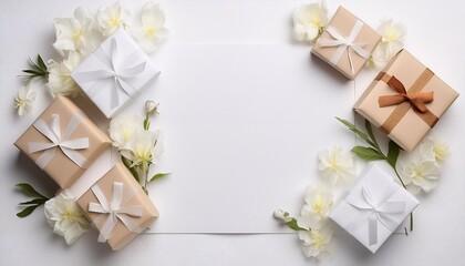 Elegant and beautiful mockup paper illustration, decorated with beautiful flowers and attractive gifts,generative ai