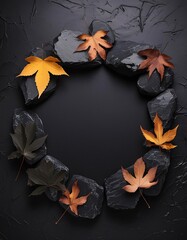 Illustration of an elegant black stone podium, decorated with fresh green leaves.,generative ai