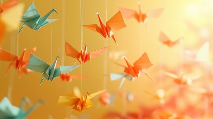 Paper cranes hanging alongside tanzaku papers, Tanabata Festival, peace and wishes