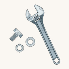Adjustable wrench, steel bolt, hex nut and washer