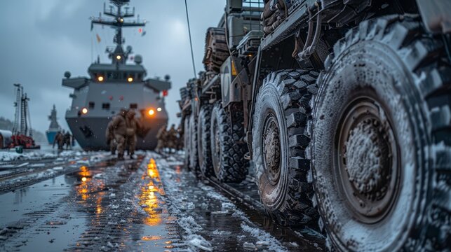Soldiers loading heavy equipment onto a military transport ship docked at a strategic port, demonstrating seamless coordination in the military transportation system.  - Powered by Adobe