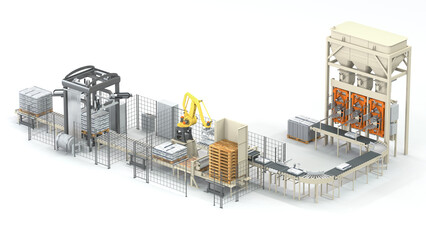 Packaging plant with automatic filling machine for bulk goods in valve bags. Conveyor with robot, pallets and stretch wrapping machine. 3D rendering