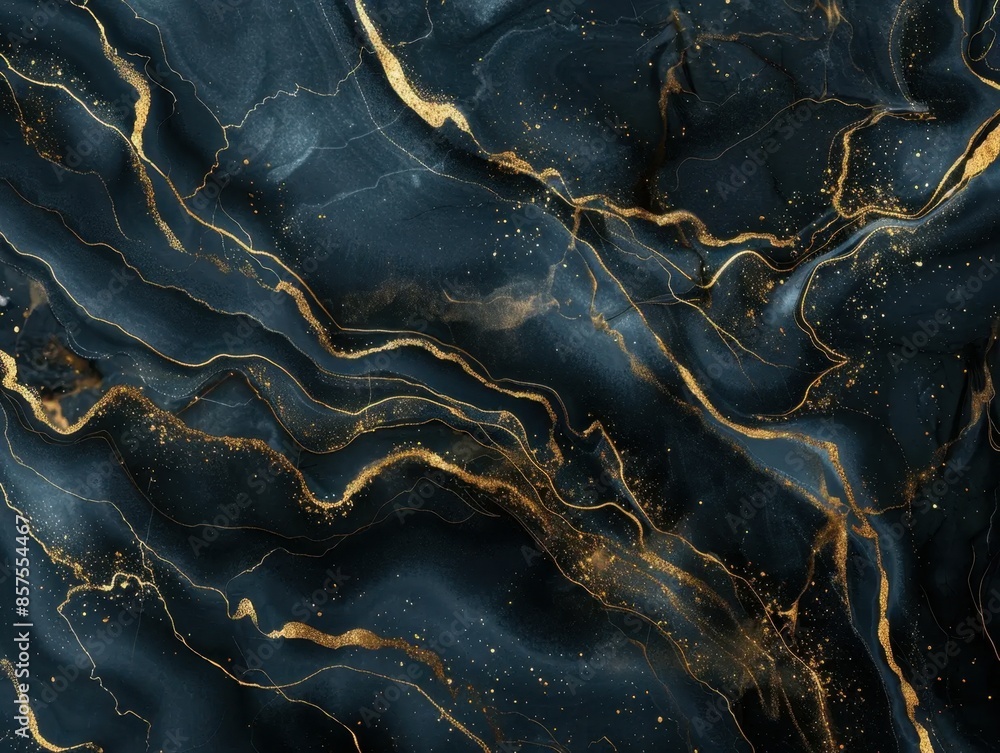 Poster swirling dark blue and black marble texture interlaced with shimmering gold veins and specks, creati
