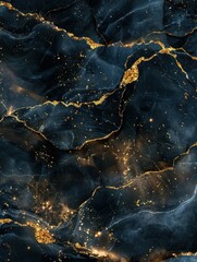 Dark marble background: swirling blue and black patterns, gold veins and specks, resembling a cosmic galaxy with intricate, glowing fractures and scattered light particles.