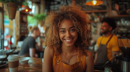 A cheerful female barista with curly hair and a warm smile stands behind the counter in a cozy coffee shop, creating an inviting atmosphere for customers.