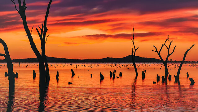 Water scene at sunset with dead trees and hills in the distance. Kow Swamp, Victoria