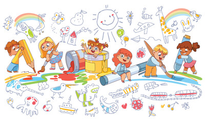 Cute kids paint drawings on the wall. Seamless childrens panorama for your design. Template for advertising brochure. Funny cartoon character. Vector illustration. Isolated on white background