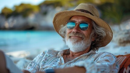 A senior man sits comfortably on a beach, wearing a straw hat and patterned shirt, surrounded by a picturesque seaside environment, basking in the serene ambiance.