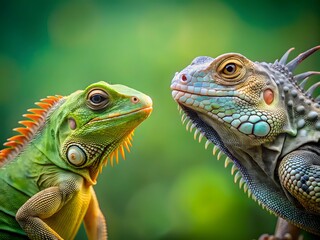 Obraz premium A Pair Of Bright Green Iguanas Face Off In A Staring Contest In Front Of A Blurred Background.