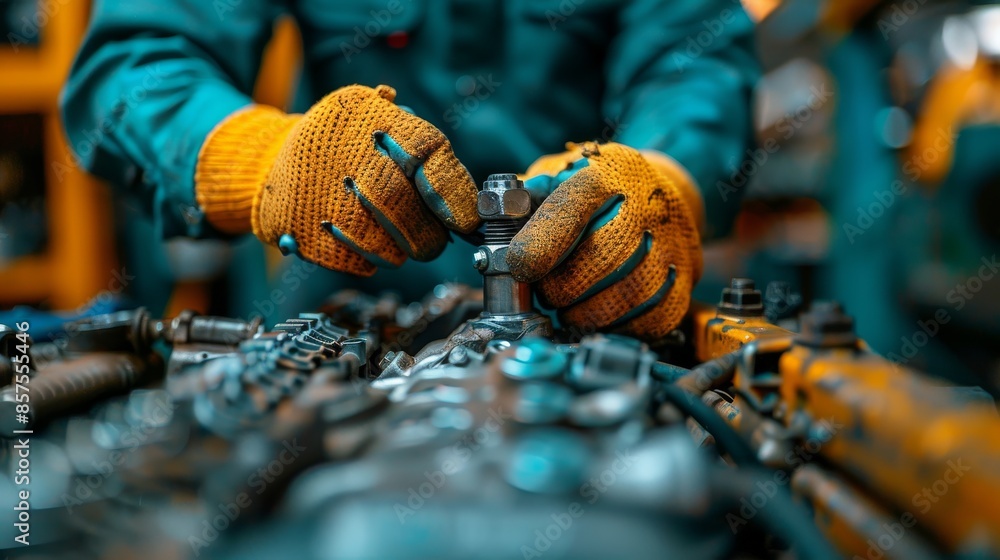 Aufkleber a mechanic with orange gloves is carefully adjusting engine components using precision tools, showca