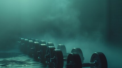 Row of dumbbells in a misty gym, atmospheric lighting. Fitness and strength training concept