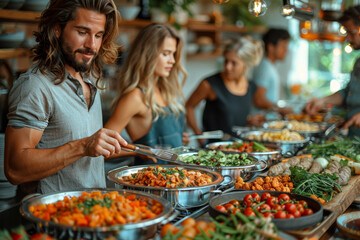 Fototapeta premium Friends sharing a meal at a potluck, enjoying diverse dishes. Concept of community and sharing. Generative Ai.