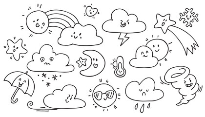 Weather Doodles. Icon set. Concept design. Children drawing style. Black and white cartoon character. Funny vector illustration. Isolated on white background. Coloring book