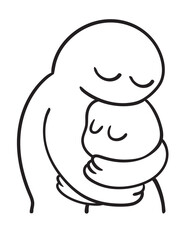 Care logo. Parent hugging her child. Black and white cartoon character. Vector illustration. Isolated on white background