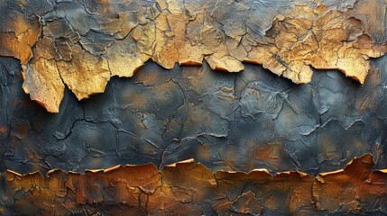 Fototapeta premium An abstract painting highlighting a contrast of golds and darks with intricate textures and cracks, offering a captivating visual experience with compelling artistic detail.