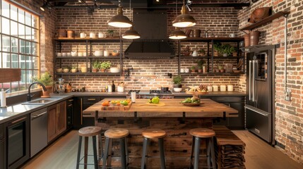 Rustic industrial kitchen with wooden island and brick walls, cozy and stylish design concept