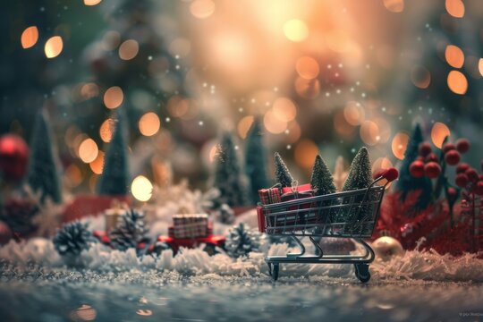 The mini shopping cart adds a festive touch to decorations, spreading joy with its colorful vibes during the holidays, creating a cheerful and lively scene that enhances the festive atmosphere