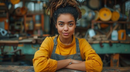 Fototapeta premium A woman with dreadlocks, dressed in a yellow top and overalls, stands confidently in a vibrant workshop, surrounded by tools, embodying creativity, enthusiasm, and expertise.