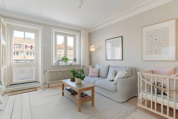 Fototapeta premium It is a typical living room interior with white wallpaper, soft light coming through the window, brightly colored sofas and chairs, small and light picture frames, and wooden tables.