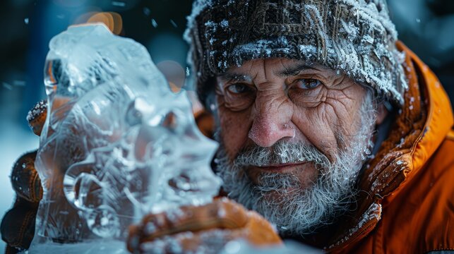 An elderly man with a weathered face and white beard holds an intricate ice sculpture in cold outdoor conditions, showcasing his skilled craftsmanship and detail-oriented nature.