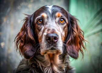 A Close-Up Portrait Of A Gordon Setter With A Focused Expression And A Green Background.