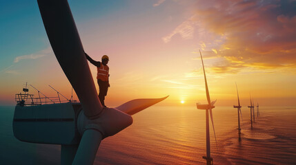 Fototapeta premium Engineer stands at top of wind turbine in sea at sunset, worker performs maintenance of windmill in ocean on sky background. Concept of energy, power, people