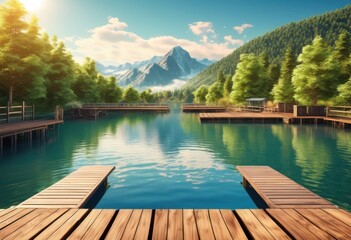 Obraz premium serene rustic dock extending into tranquil lake waters reflections nature, calm, wooden, pier, quiet, still, trees, greenery, natural, scenic, shore, beauty