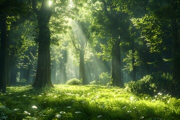 Obraz premium It is a great landscape to use as a natural background in a forest with warm light, lush trees, and green weeds.