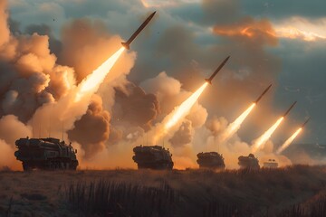 An armored vehicle capable of launching military strategic missiles simultaneously fires missiles that emit thick smoke.