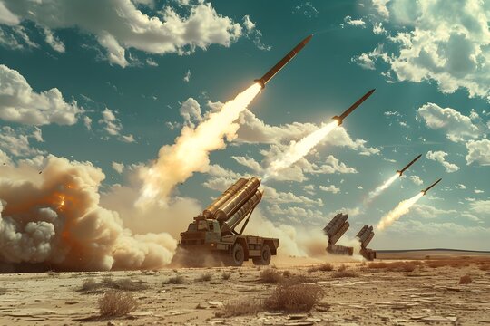 An armored vehicle capable of launching military strategic missiles simultaneously fires missiles that emit thick smoke.