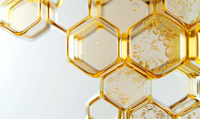 Golden hexagonal honeycomb cell with liquid oil bubbles . Cosmetic and luxury product background