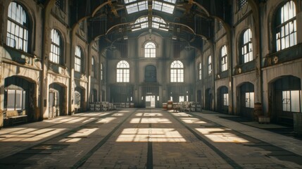 Spacious Abandoned Industrial Hall with Sunlight Streaming In, Generative AI