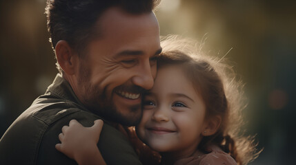 A father hugging his little girl tightly, both looking at the camera with happiness, ideal for a Father's Day greeting. 