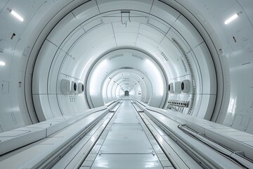Obraz premium A pure white passageway with bright lighting and cutting-edge future technology, as if you were watching a science fiction movie.