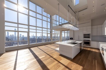 modern kitchen in a luxury new york apartment, with floor to ceiling windows viewing the c, white cabinets and walls, stainless steel appliances, wood floors, architectural digest style