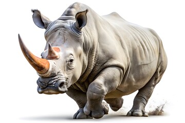 Fototapeta premium The Image Shows A White Rhinoceros Running Towards The Camera With A White Background.